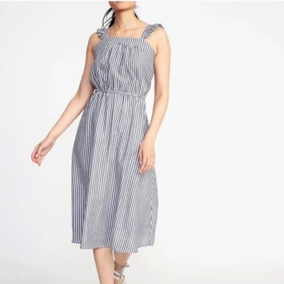Old Navy Blue Chambray Linen Stripe Smocked Ruffle Strap Sleeveless Midi Dress - Picture 2 of 5